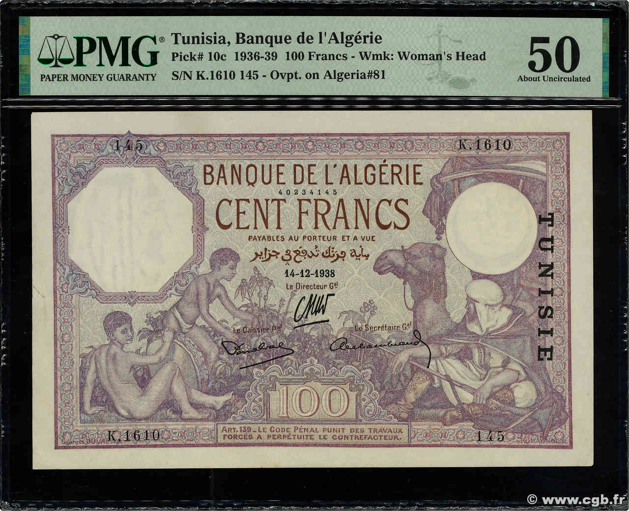 100 Francs TUNISIE  1938 P.10c SUP+