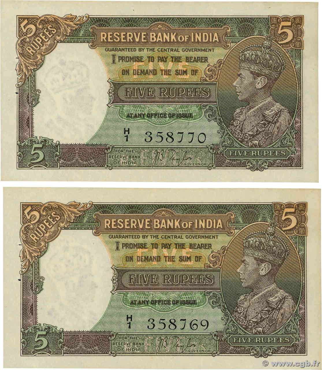 5 Rupees Consécutifs INDIA
  1937 P.018a SPL+