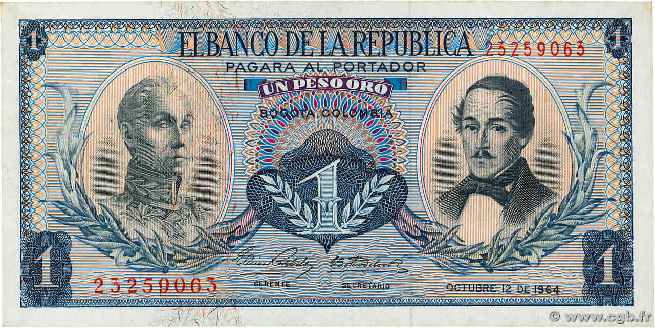 1 Peso Oro COLOMBIA  1964 P.404b SC+