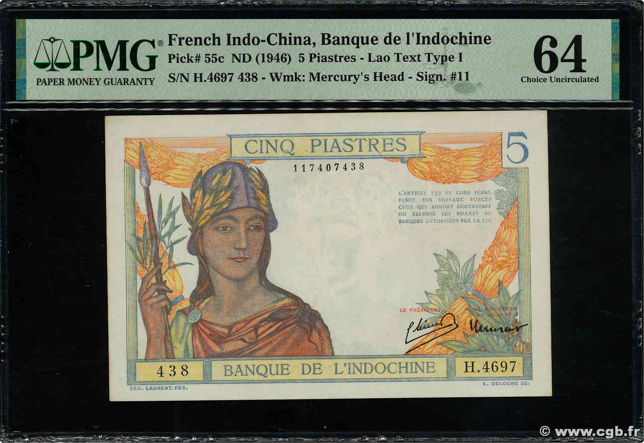 5 Piastres FRENCH INDOCHINA  1946 P.055c UNC-