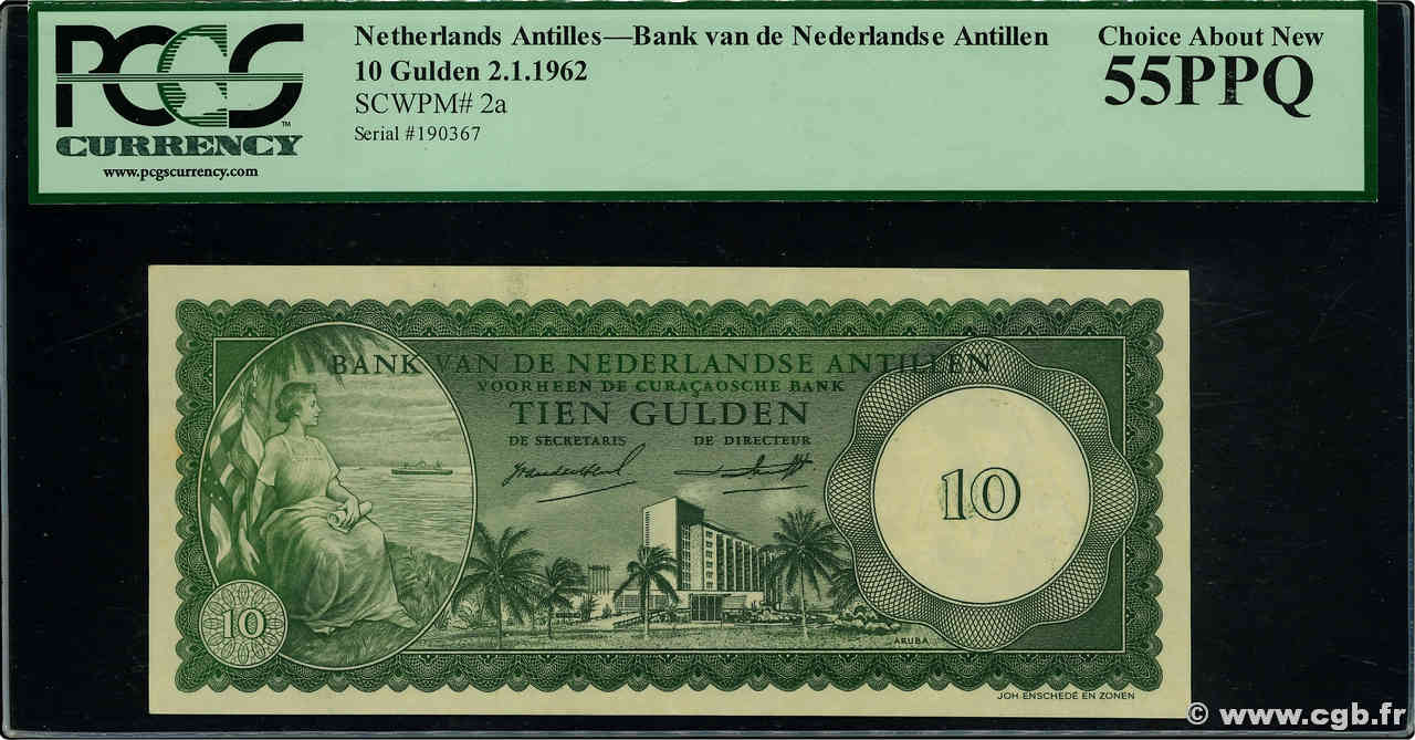 10 Gulden NETHERLANDS ANTILLES  1962 P.02a AU