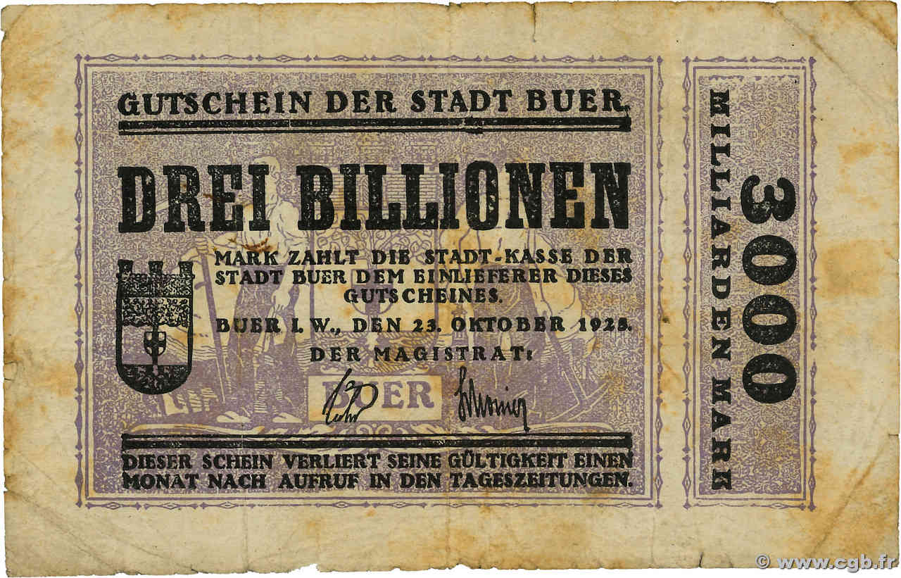 3 Billionen Mark GERMANY Buer 1923  G