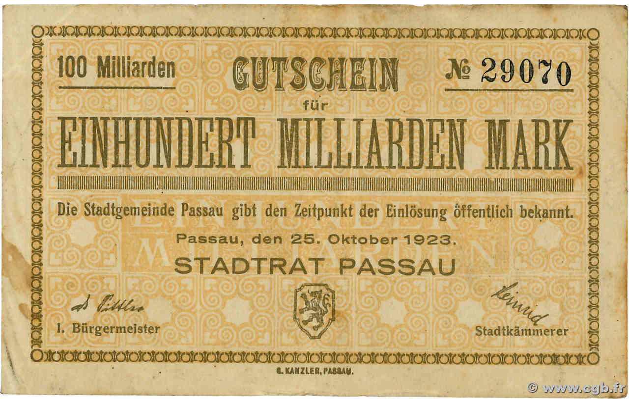 100 Milliarden Mark ALLEMAGNE Passau 1923  TB