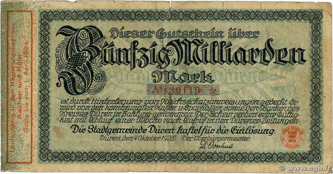 50 Milliarden Mark GERMANY Düren 1923  VG