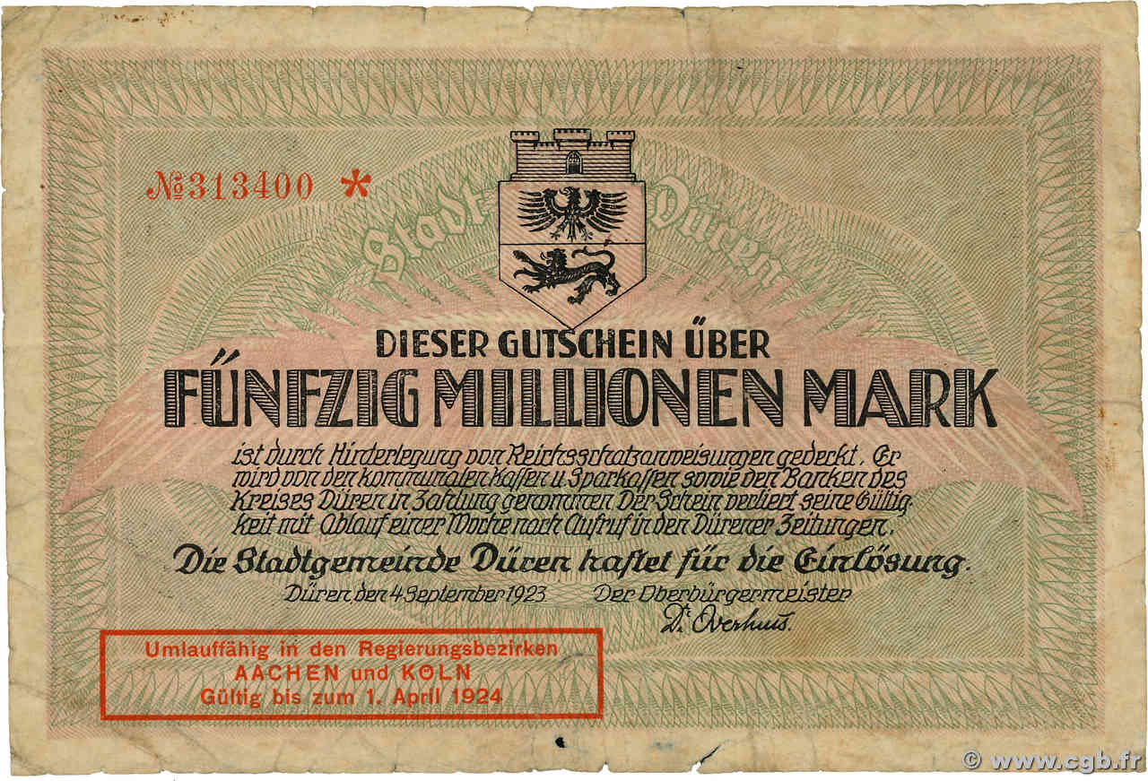 50 Millionen  Mark DEUTSCHLAND Düren 1923  SGE