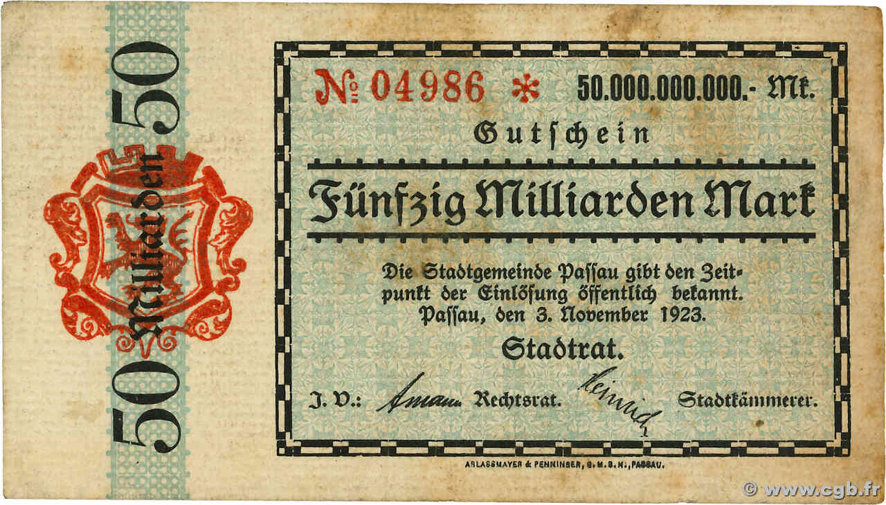 50 Milliarden Mark GERMANY Passau 1923  F