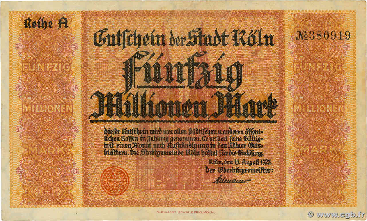 50 Millionen Mark ALLEMAGNE Köln 1923  TTB