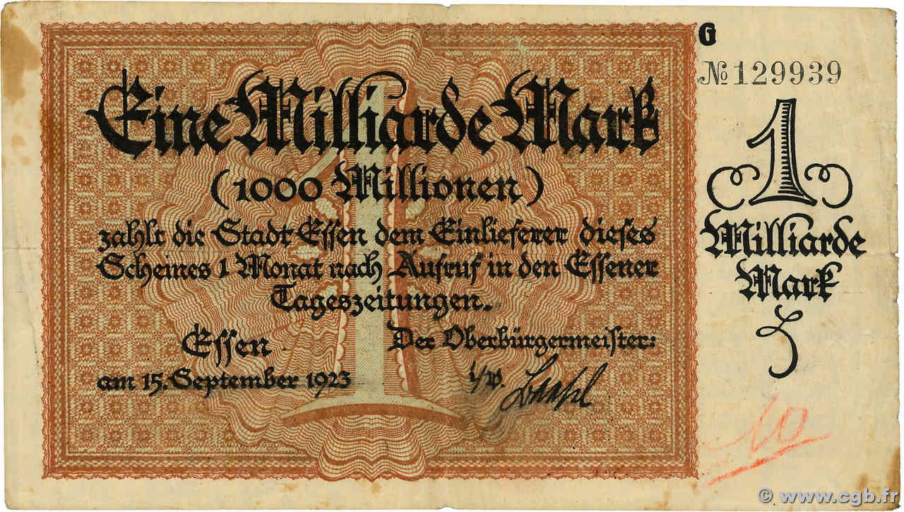 1 Milliard Mark GERMANY Essen 1923  F-