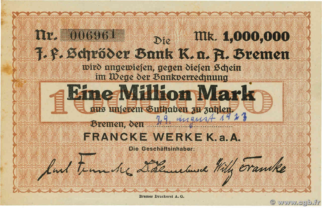 1 Million Mark ALEMANIA Bremen 1923  SC+