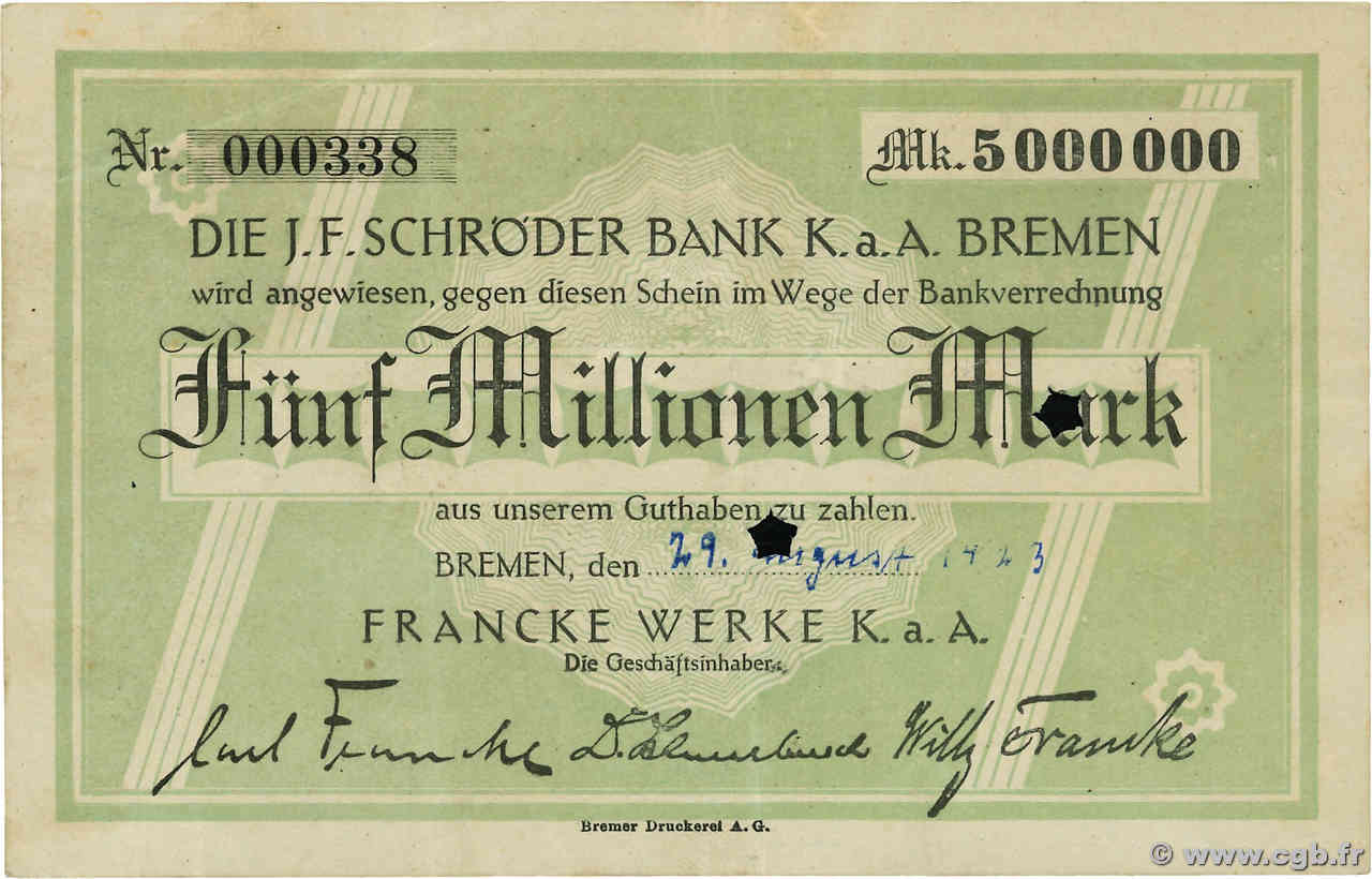 5 Millionen Mark Annulé GERMANIA Bremen 1923  BB