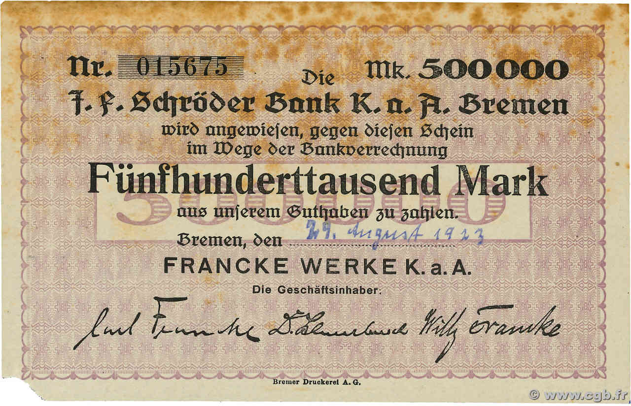 500000 Mark GERMANIA Bremen 1923  BB