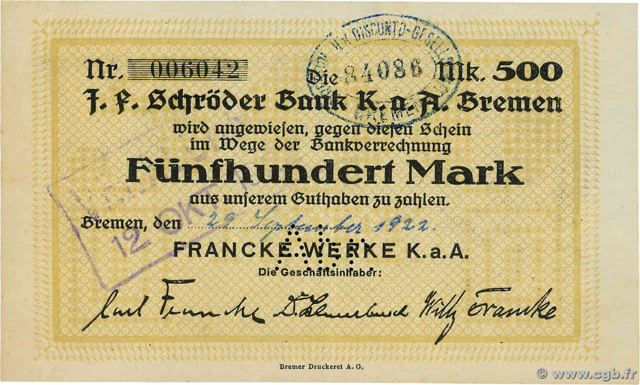 500 Mark GERMANY Bremen 1922  XF