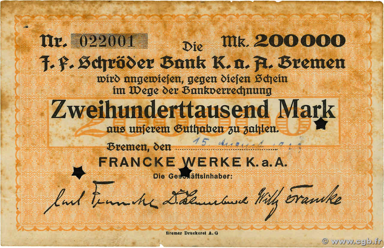 200000 Mark Annulé ALLEMAGNE Bremen 1923  TB