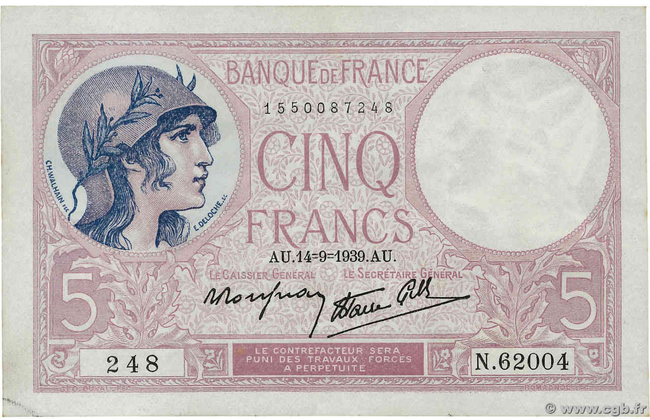 5 Francs FEMME CASQUÉE modifié FRANCE  1939 F.04.08 VF+