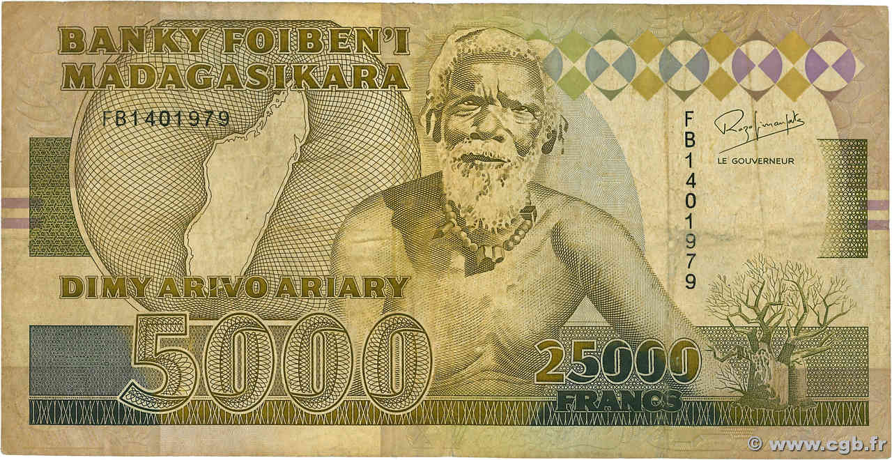 25000 Francs - 5000 Ariary MADAGASCAR  1993 P.074Aa F-