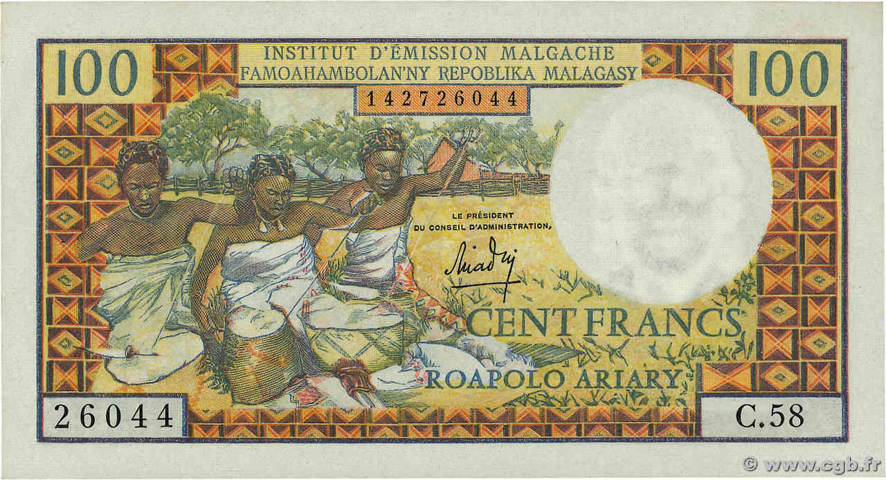 100 Francs - 20 Ariary MADAGASCAR  1966 P.057a SPL+