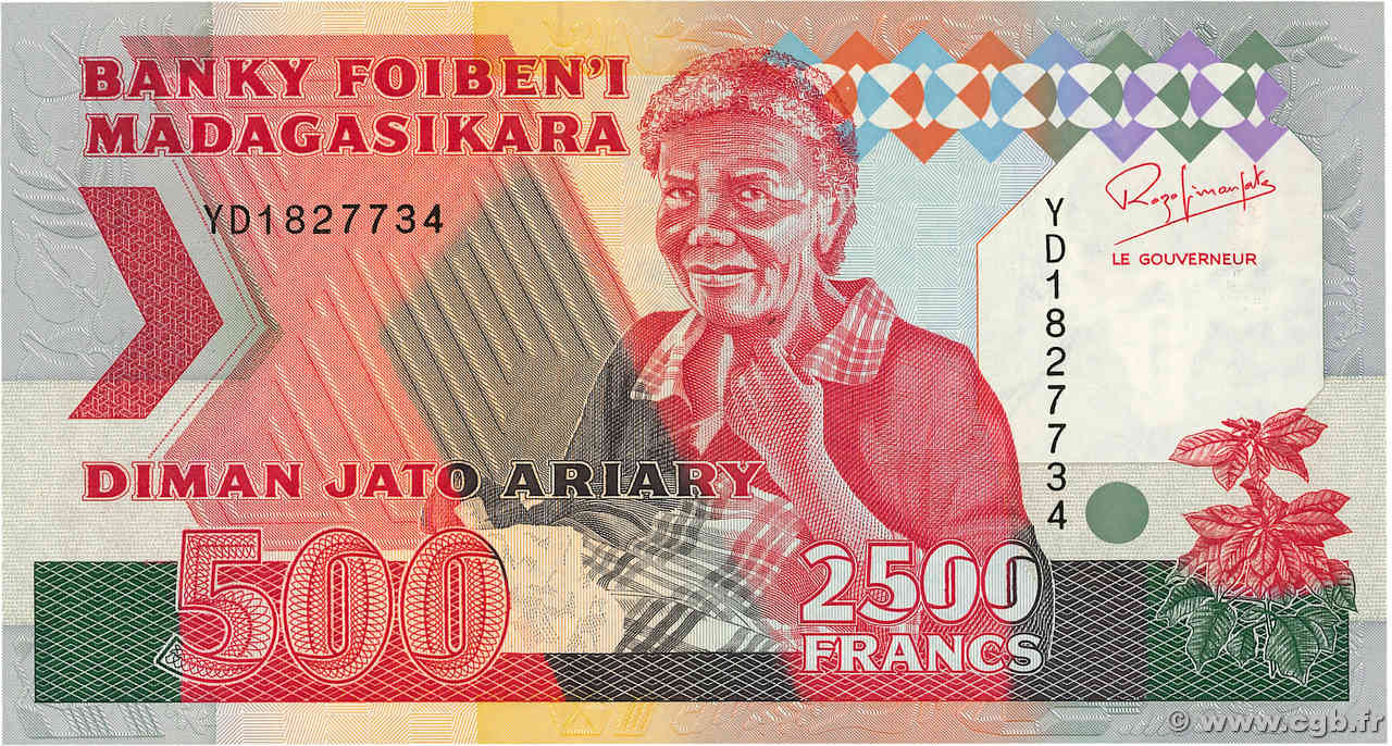 2500 Francs - 500 Ariary MADAGASCAR  1993 P.072Aa SC