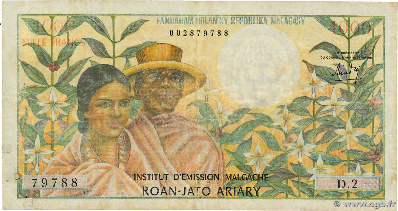 1000 Francs - 200 Ariary MADAGASCAR  1966 P.059a VG