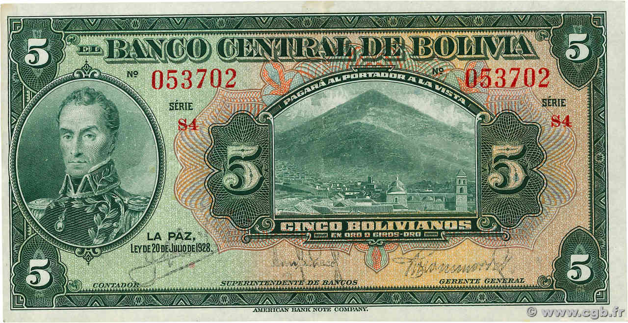 5 Bolivianos BOLIVIE  1928 P.120a SUP+