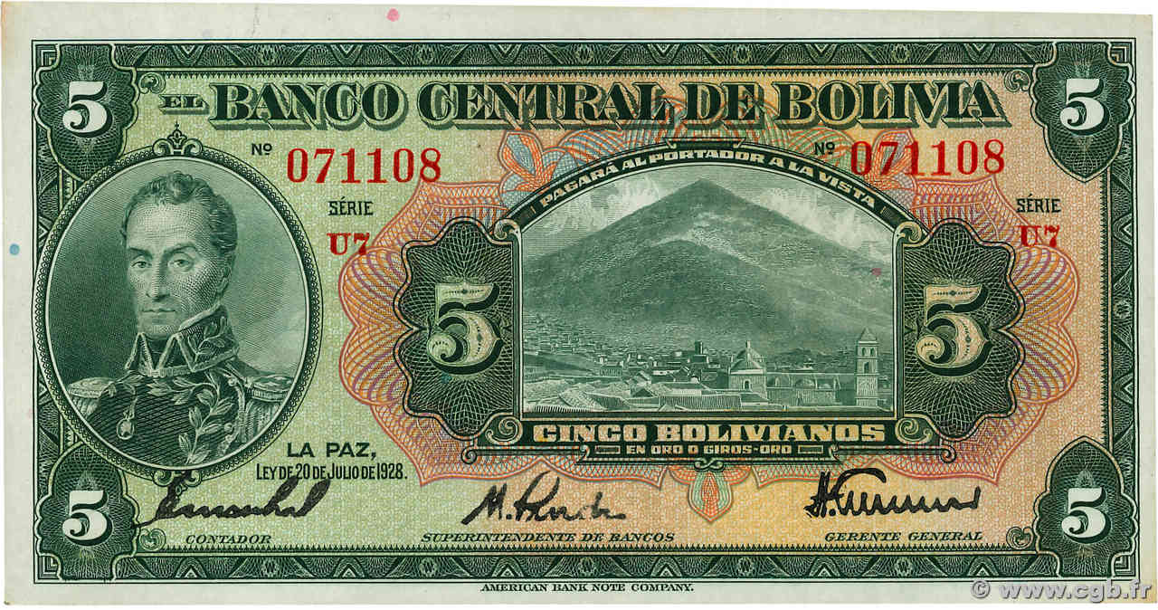 5 Bolivianos BOLIVIA  1928 P.120a SC+