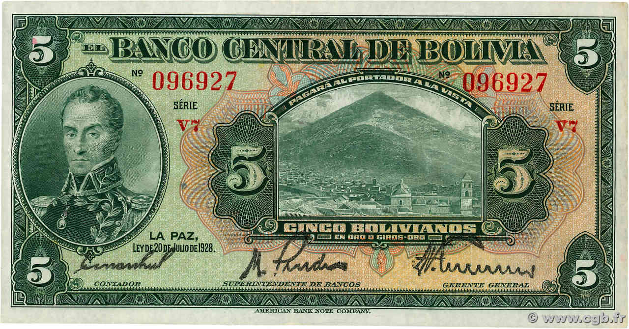 5 Bolivianos BOLIVIA  1928 P.120a q.FDC