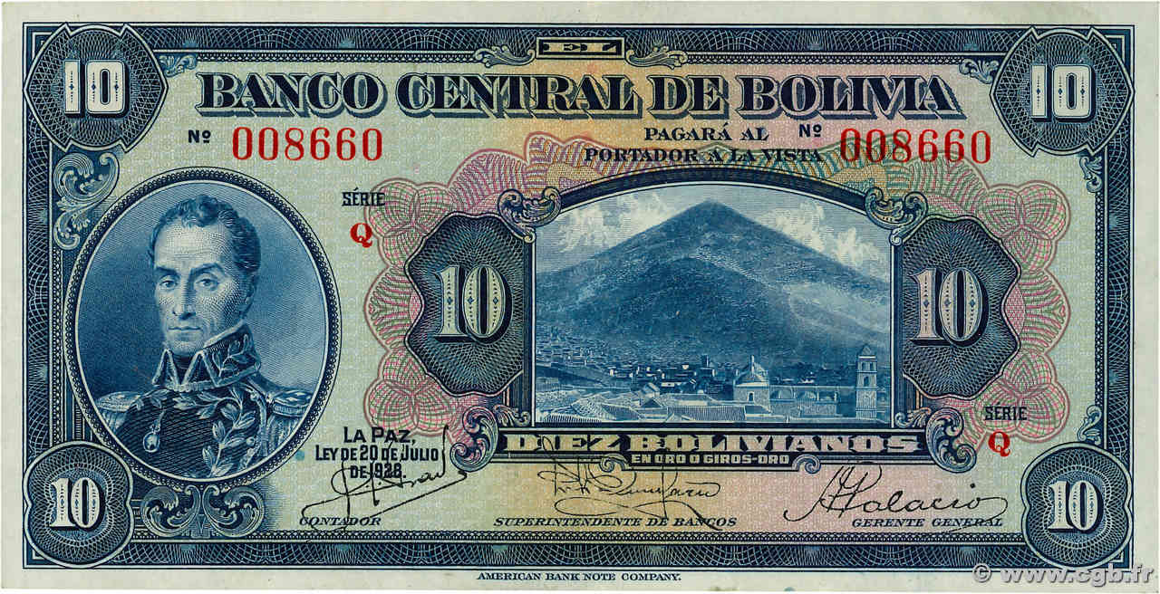 10 Bolivianos BOLIVIA  1928 P.121a XF