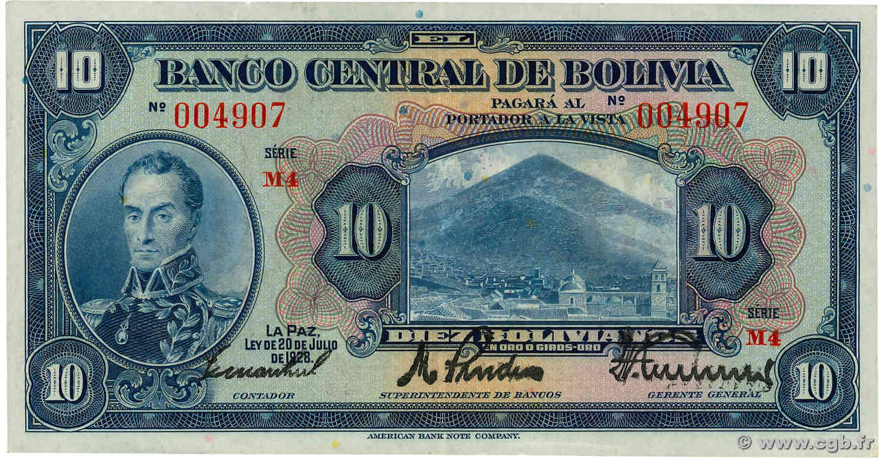 10 Bolivianos BOLIVIEN  1928 P.121a fST