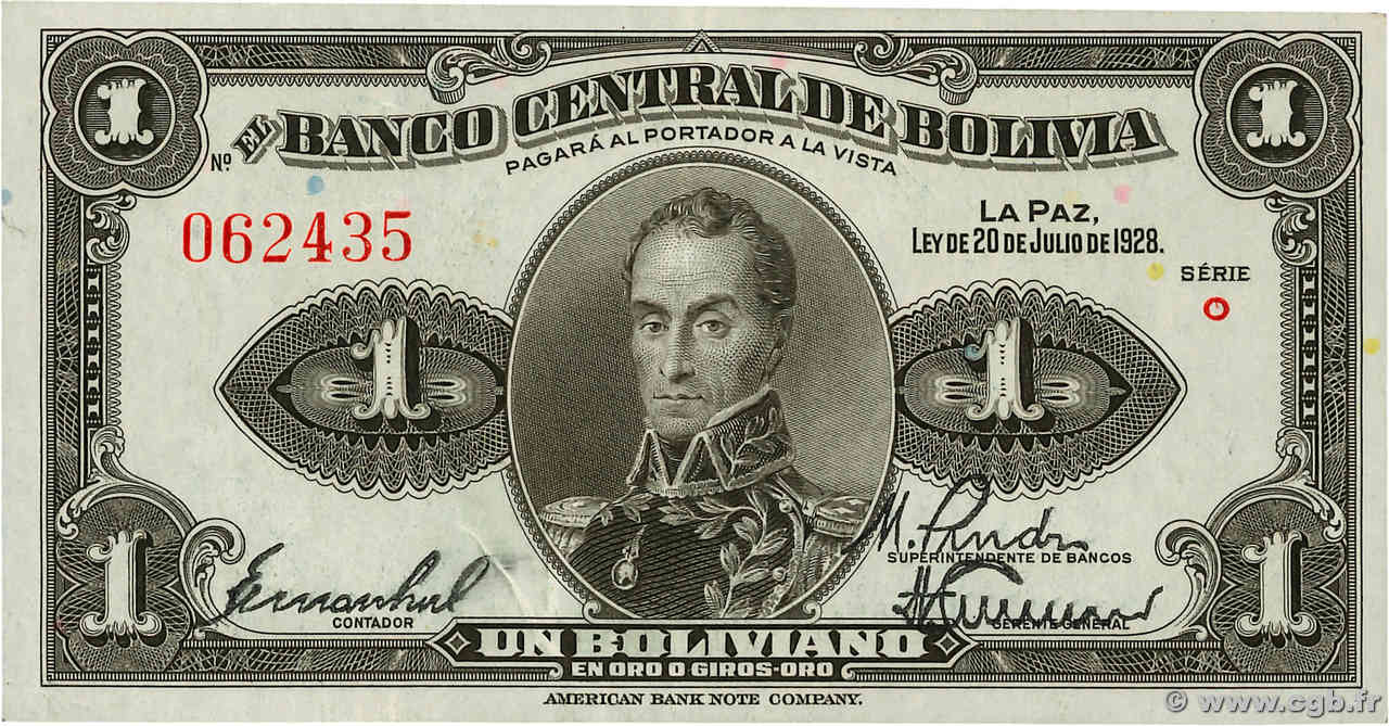 1 Boliviano BOLIVIA  1928 P.119a AU-