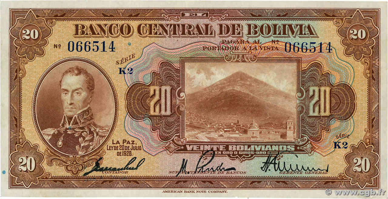 20 Bolivianos BOLIVIEN  1928 P.122a VZ