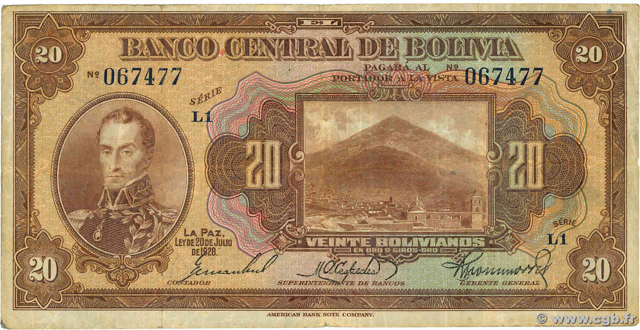 20 Bolivianos BOLIVIEN  1928 P.122a fSS