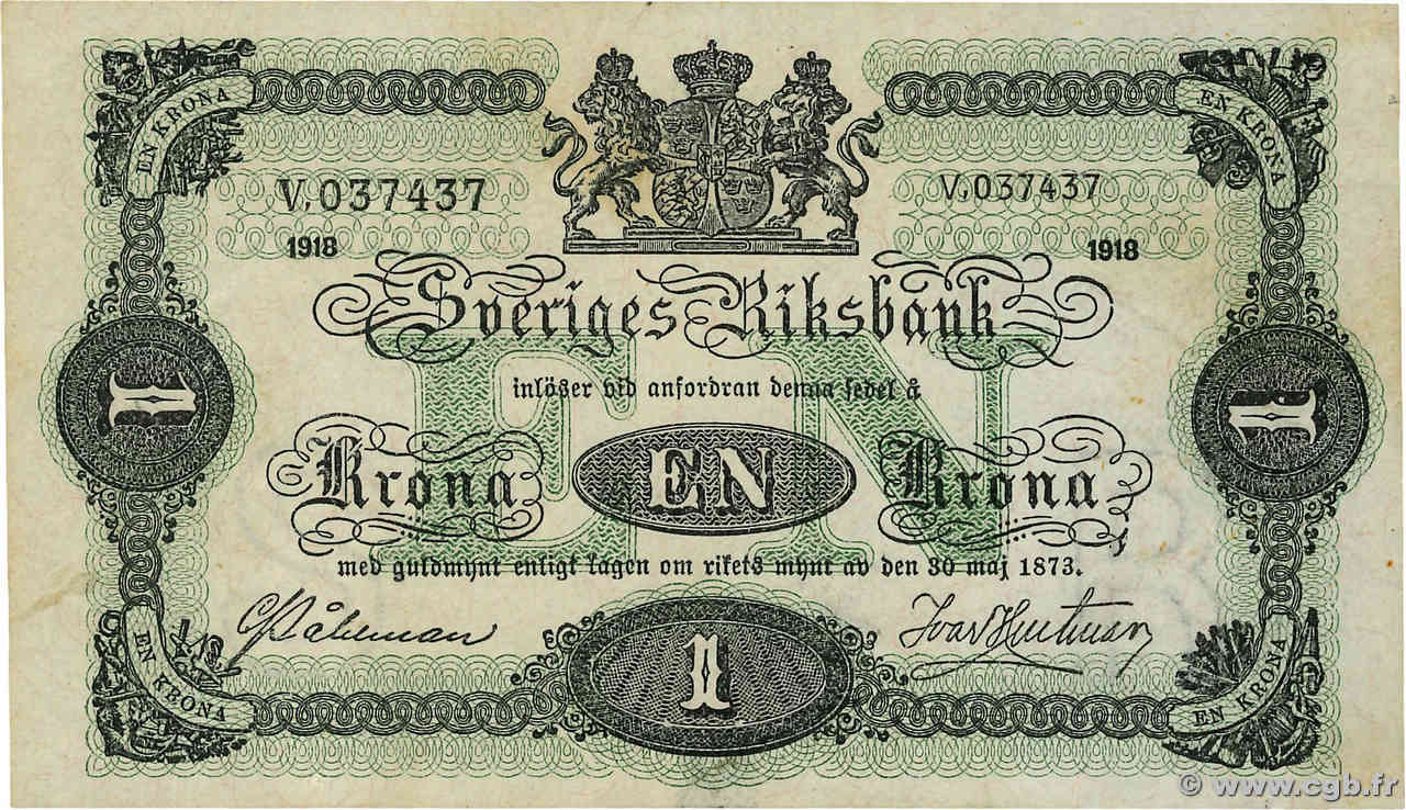 1 Krona SWEDEN  1918 P.32e XF+