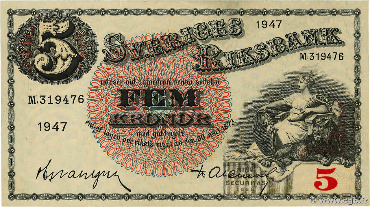 5 Kronor SUÈDE  1947 P.33ad pr.NEUF