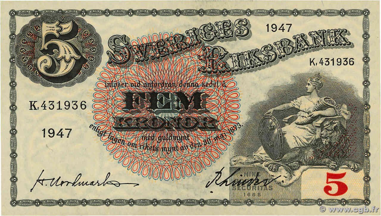 5 Kronor SUÈDE  1947 P.33ad pr.NEUF