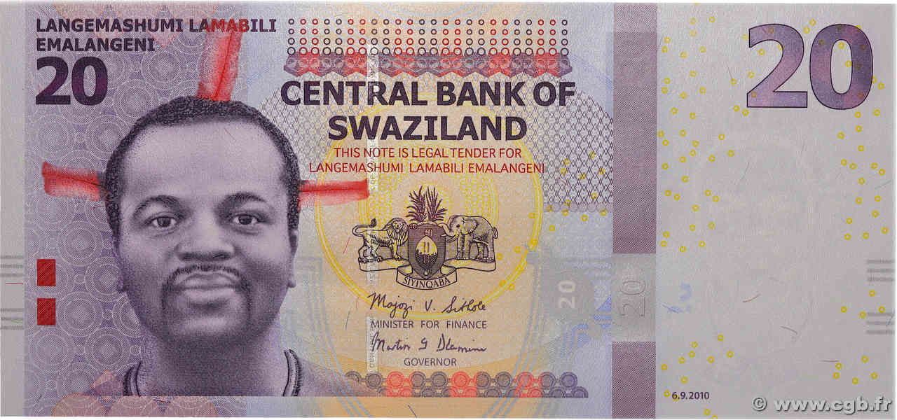 20 Emalangeni SWAZILAND  2010 P.37a UNC