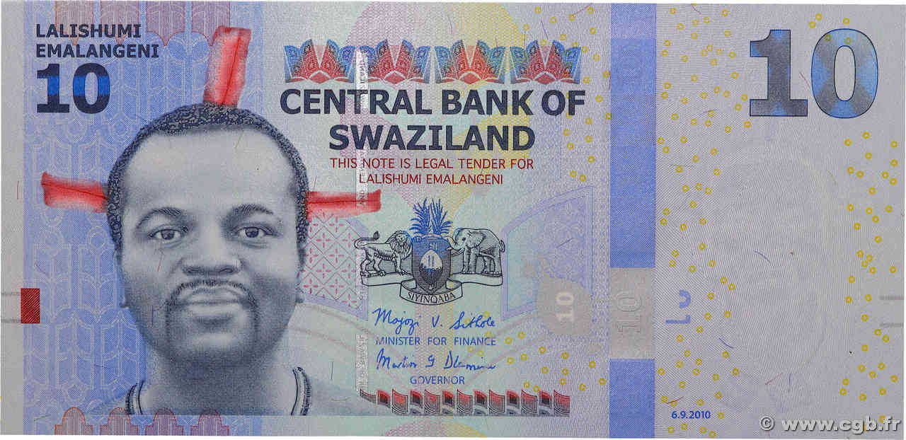 10 Emalangeni SWAZILAND  2010 P.36a UNC