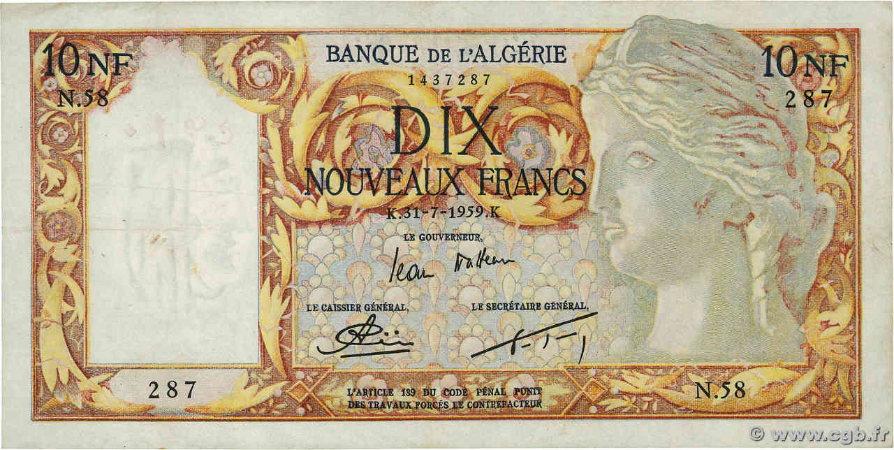 10 Nouveaux Francs ARGELIA  1959 P.119a MBC