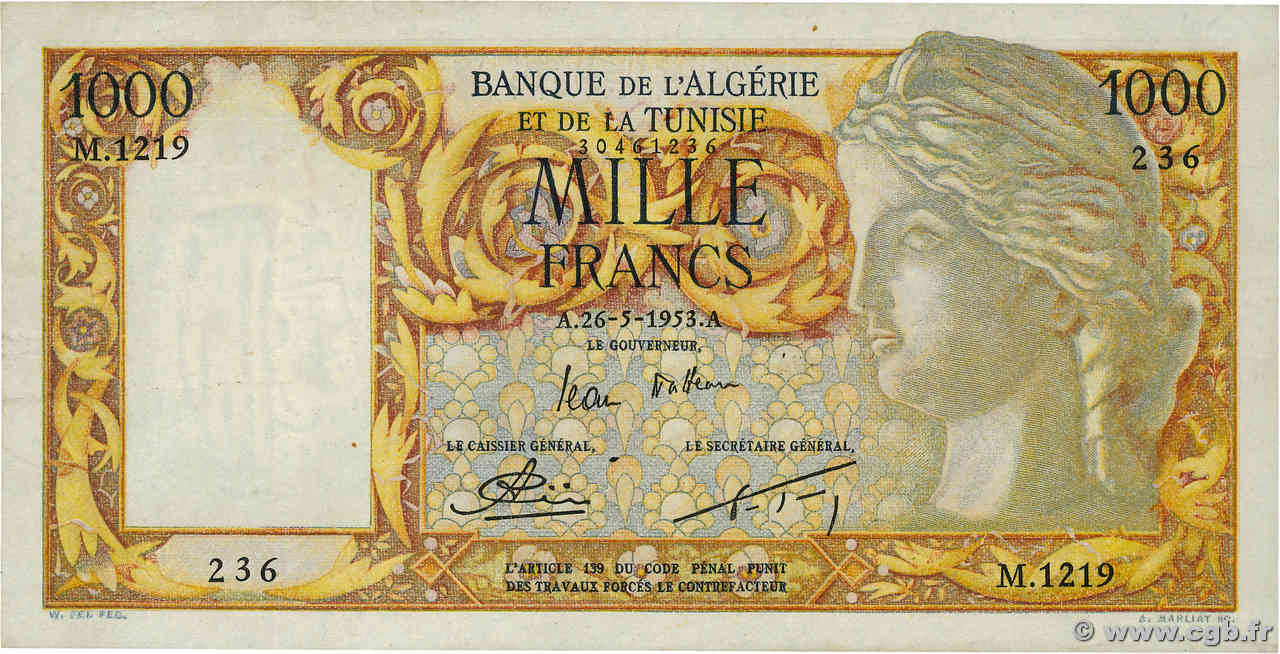 1000 Francs ALGÉRIE  1953 P.107b TTB+