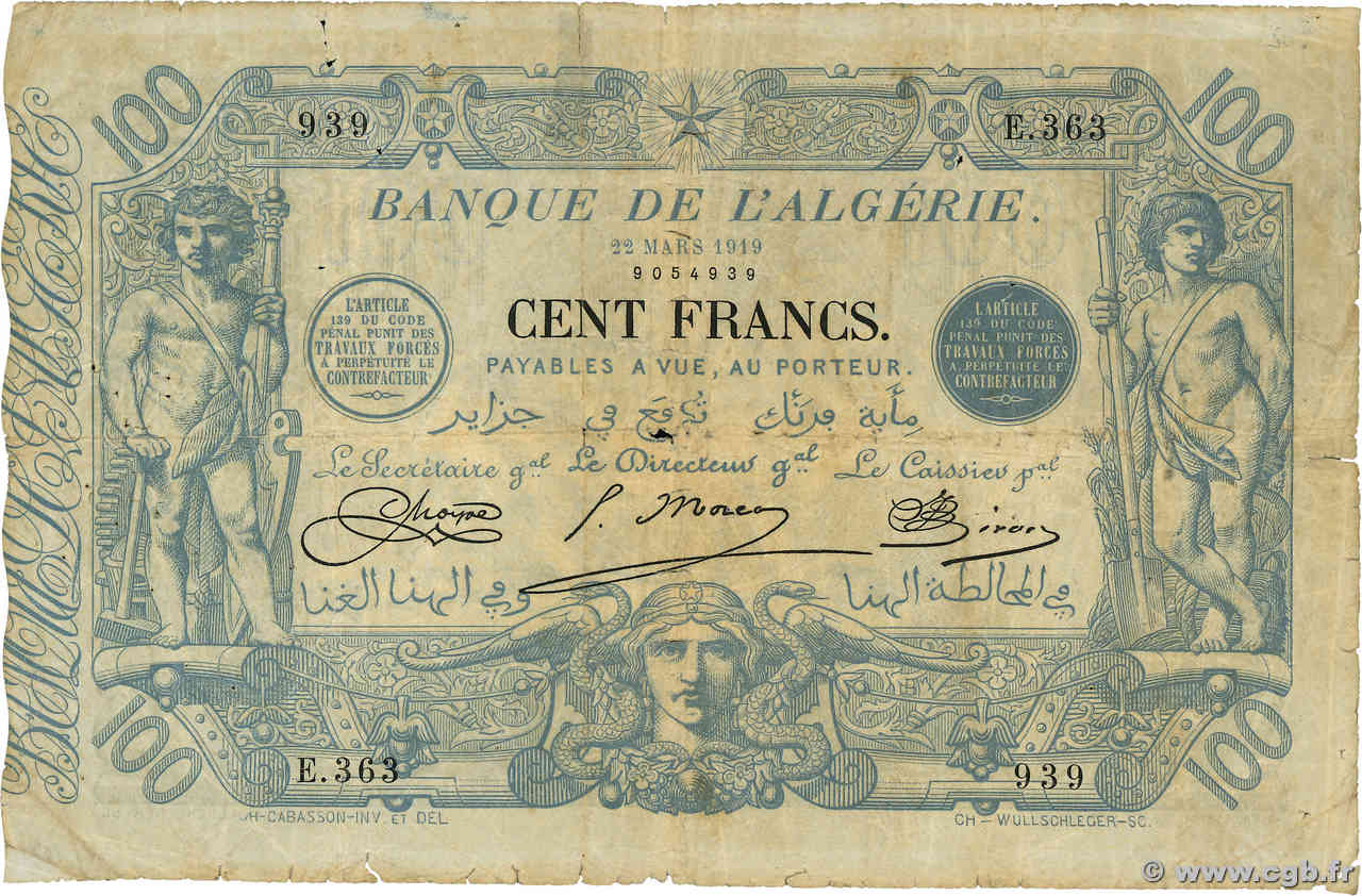 100 Francs ALGÉRIE  1919 P.074 B+