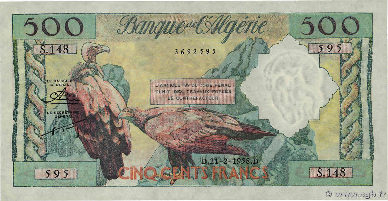 500 Francs ALGERIEN  1958 P.117 fVZ