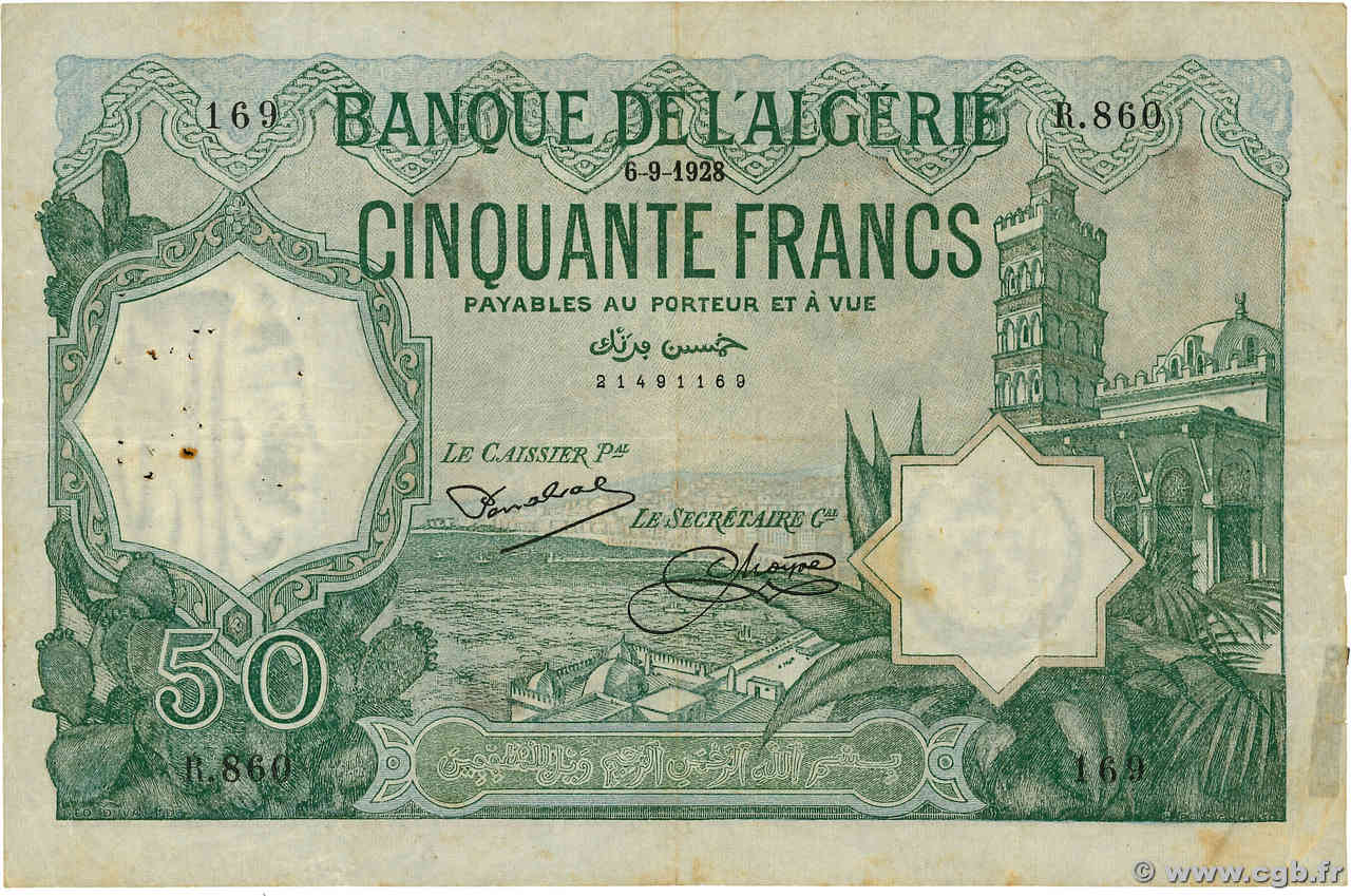 50 Francs ALGERIA  1928 P.080a F