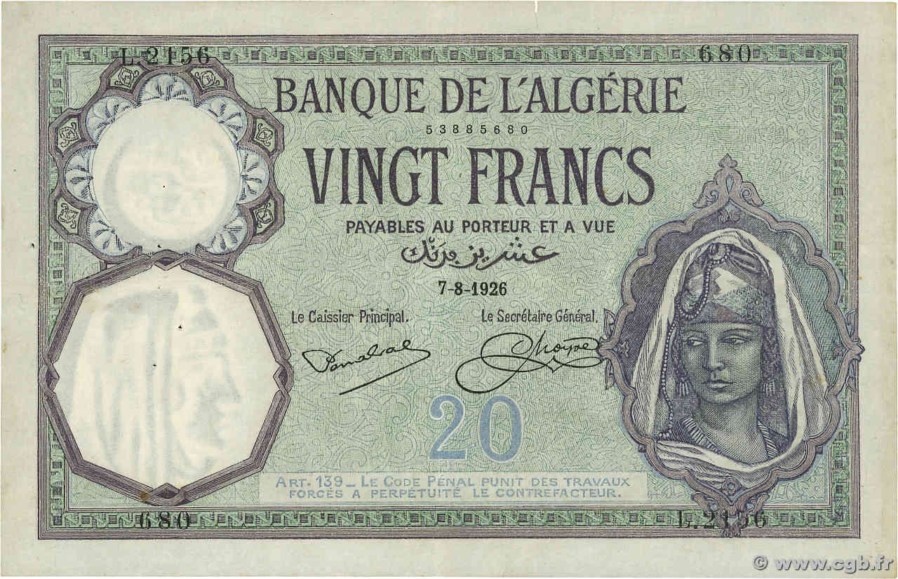 20 Francs ALGERIA  1926 P.078b VF+