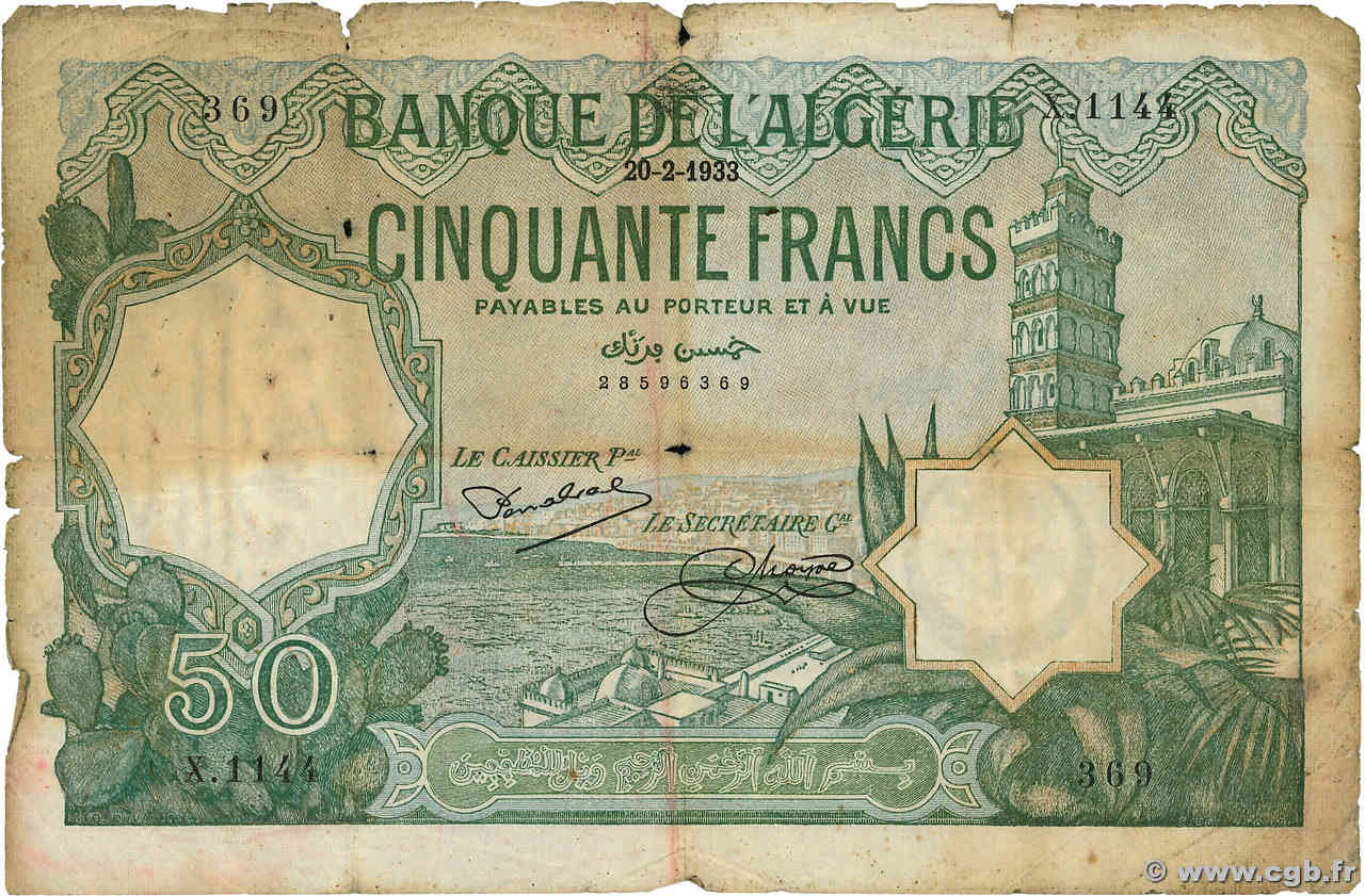 50 Francs ALGERIA  1933 P.080a G