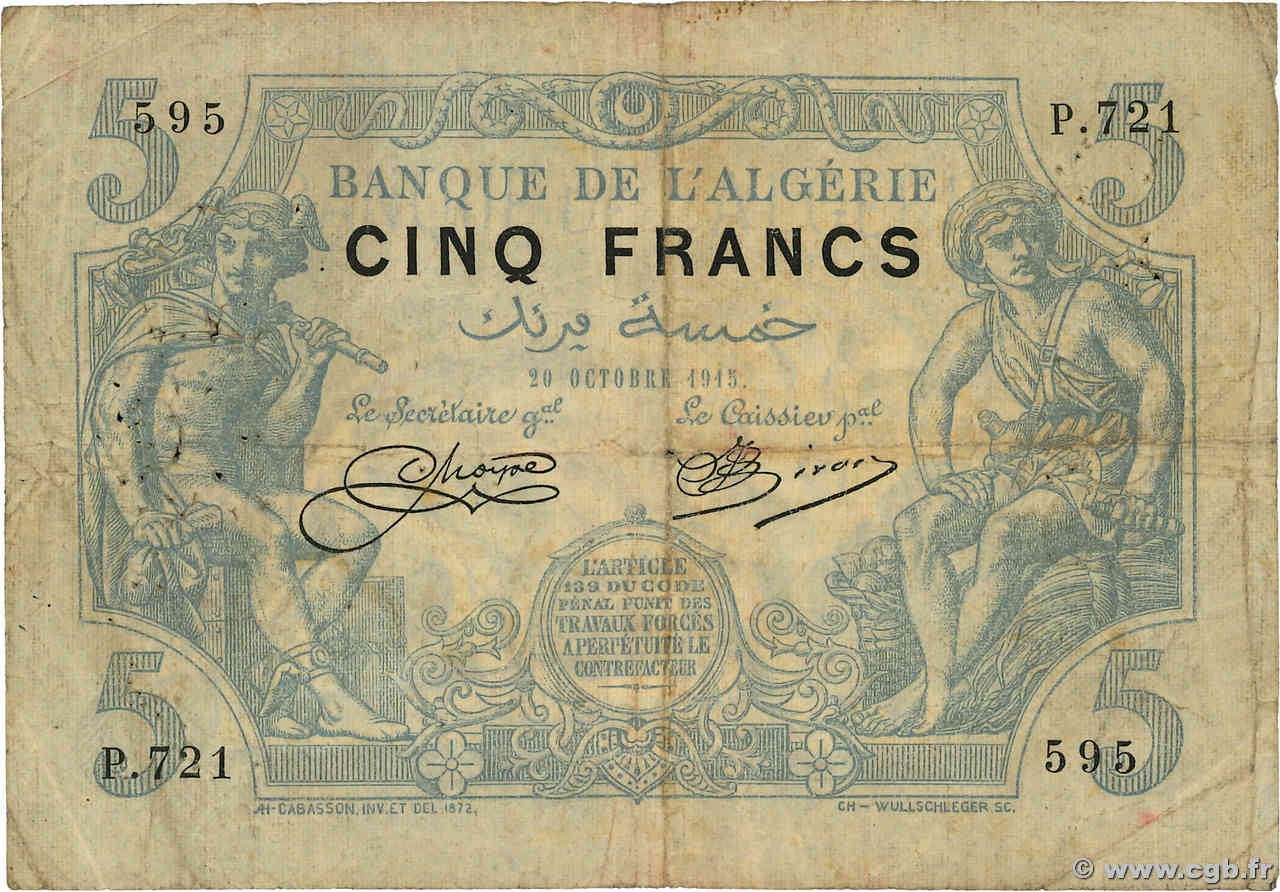 5 Francs ALGÉRIE  1915 P.071a B+