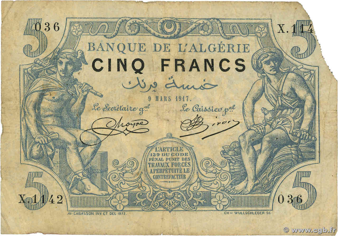 5 Francs ALGÉRIE  1917 P.071b B