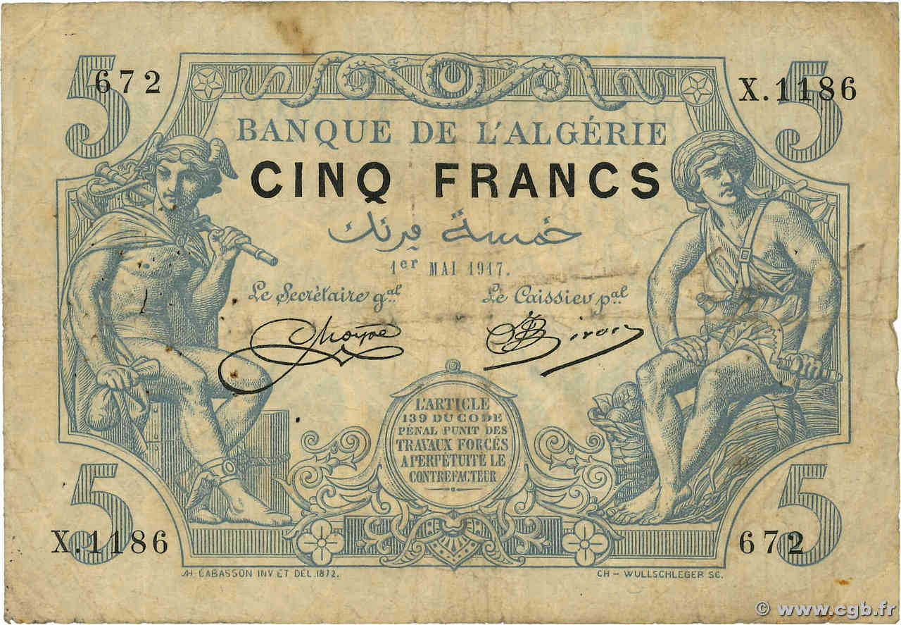 5 Francs ALGÉRIE  1917 P.071b B