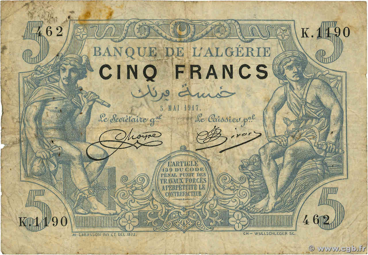 5 Francs ALGERIA  1917 P.071b G