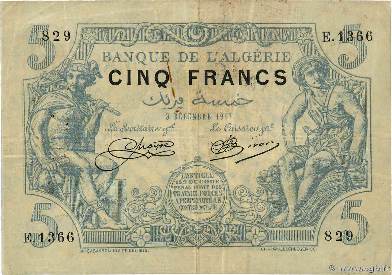 5 Francs ALGERIA  1917 P.071b F+