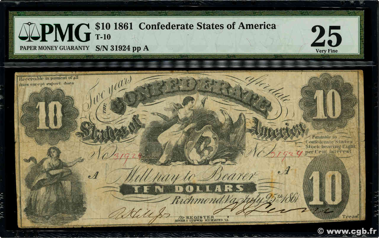 10 Dollars STATI CONFEDERATI D AMERICA Richmond 1861 P.09 BB