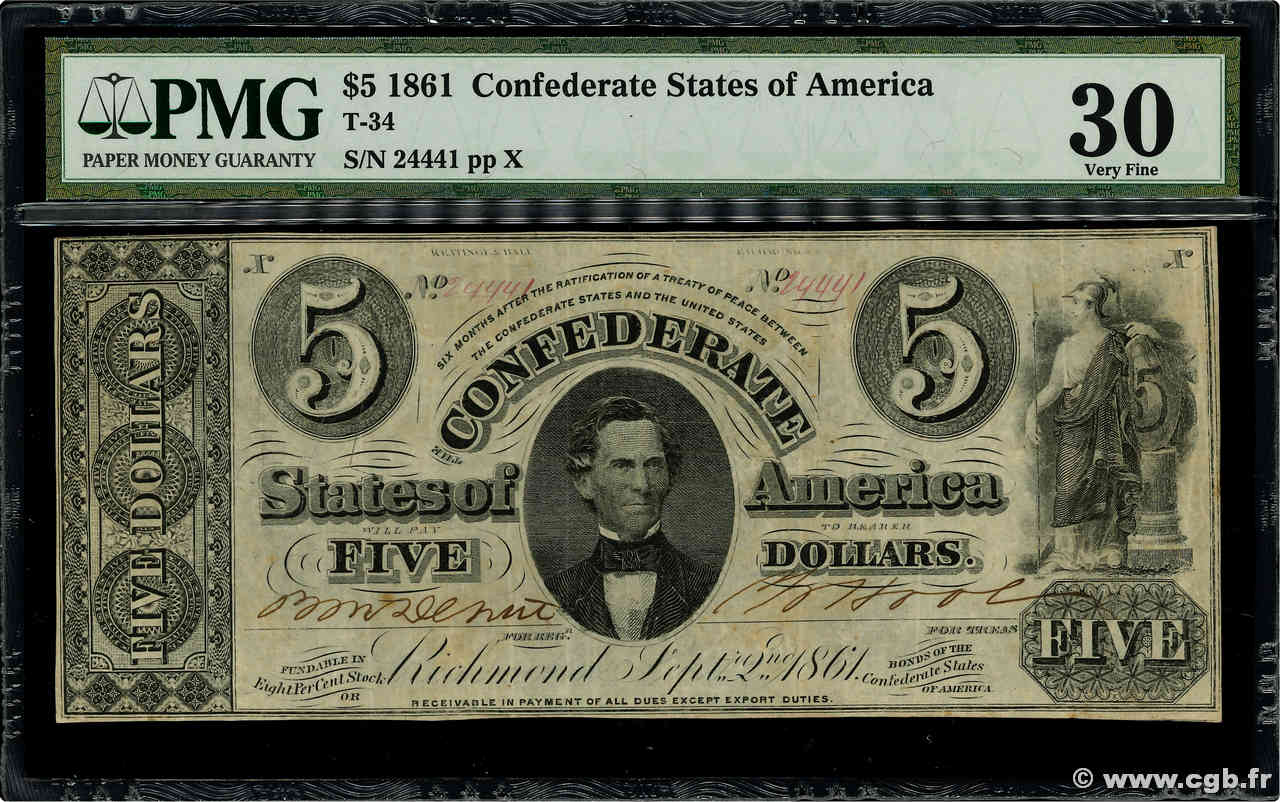 5 Dollars Annulé ESTADOS CONFEDERADOS DE AMÉRICA Richmond 1861 P.16b MBC