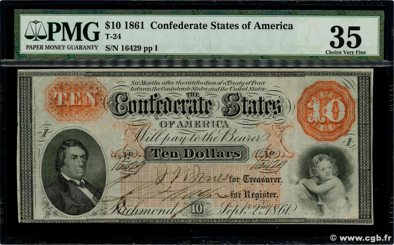 10 Dollars KONFÖDERIERTE STAATEN VON AMERIKA Richmond 1861 P.23 fVZ